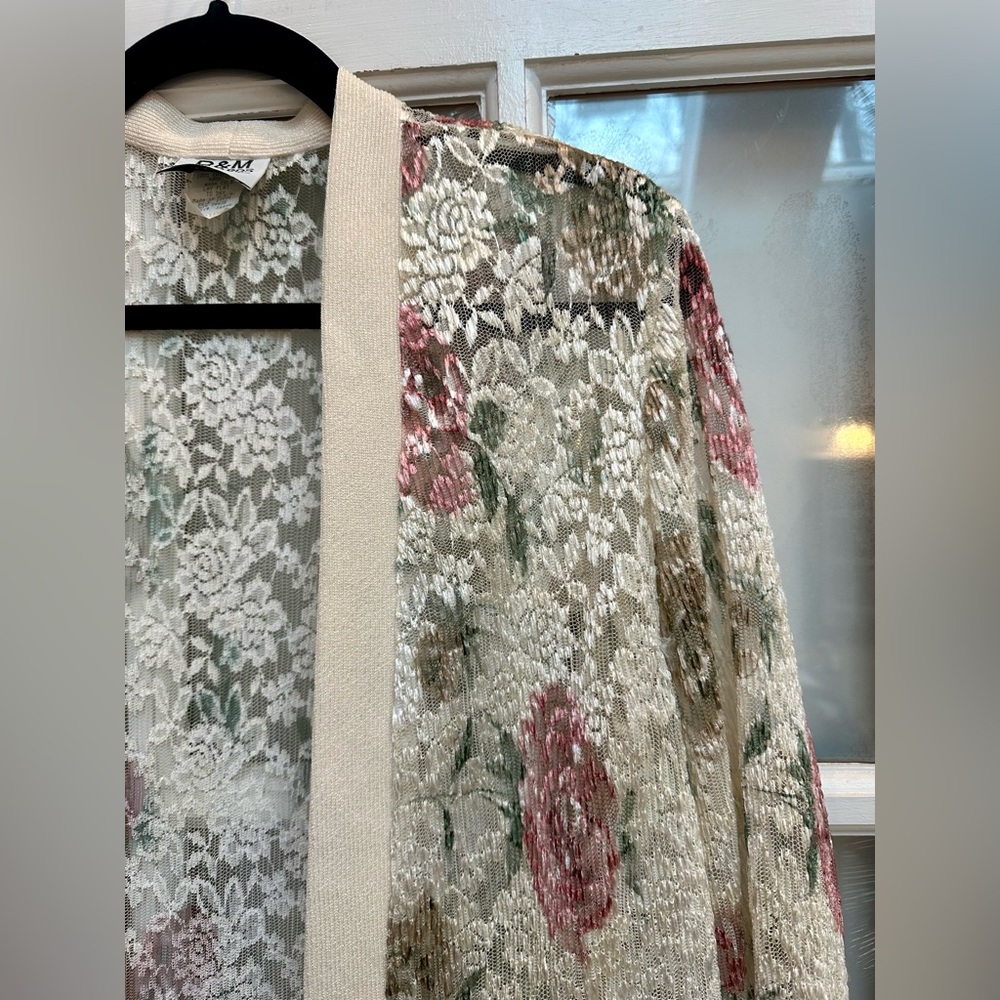 Vintage R&M Richards Floral Rose Lace Duster Cardigan Romantic Fairy Size 10P - Picture 3 of 11